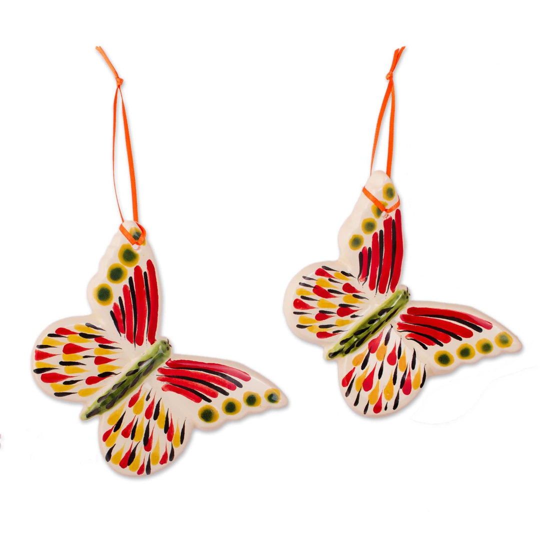 Maiolica Ceramic Butterfly Ornaments from Mexico (Pair) - Fiery Butterflies
