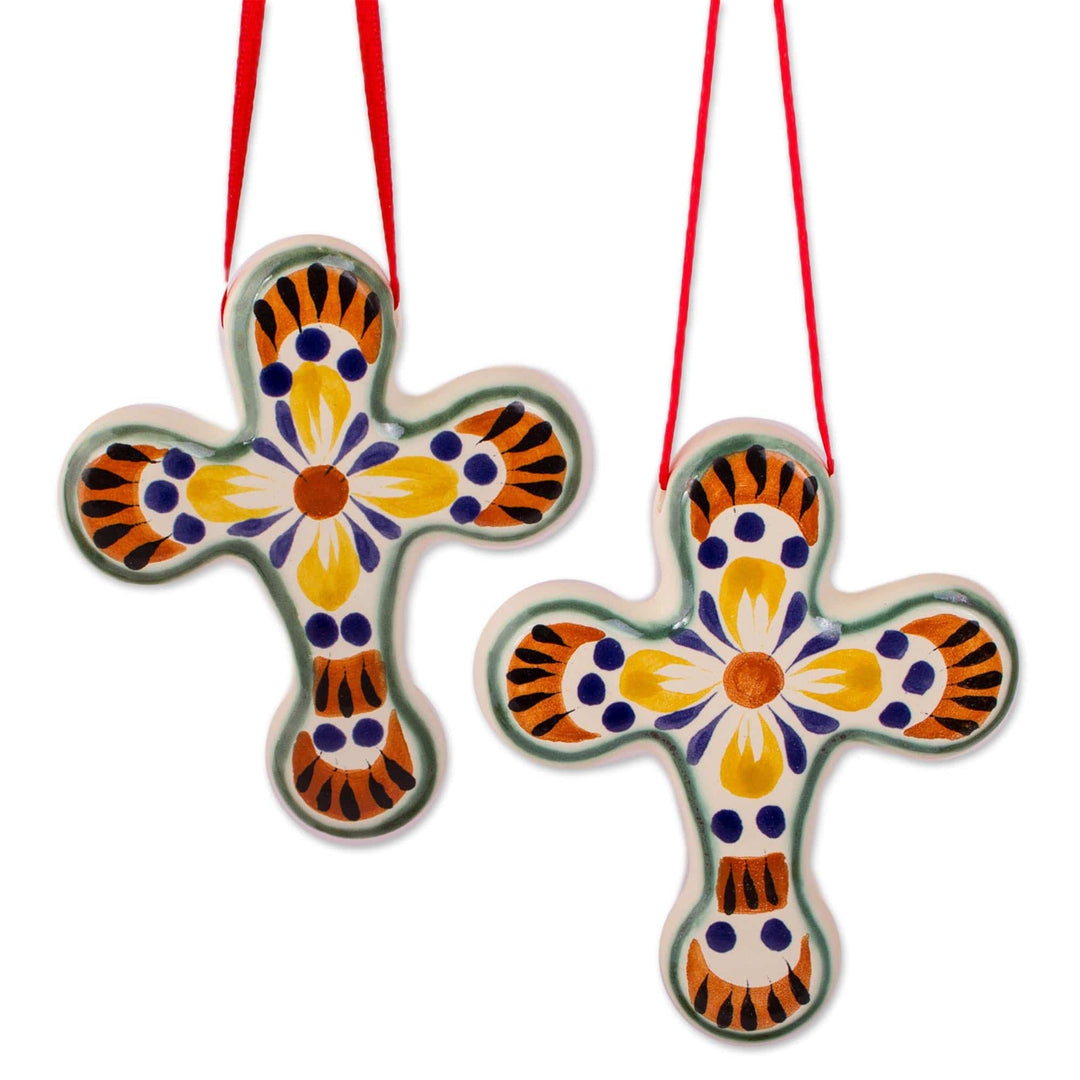 Colorful Ceramic Cross Ornaments from Mexico (Pair) - Cross of Destiny