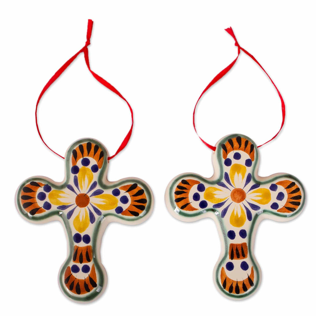 Colorful Ceramic Cross Ornaments from Mexico (Pair) - Cross of Destiny