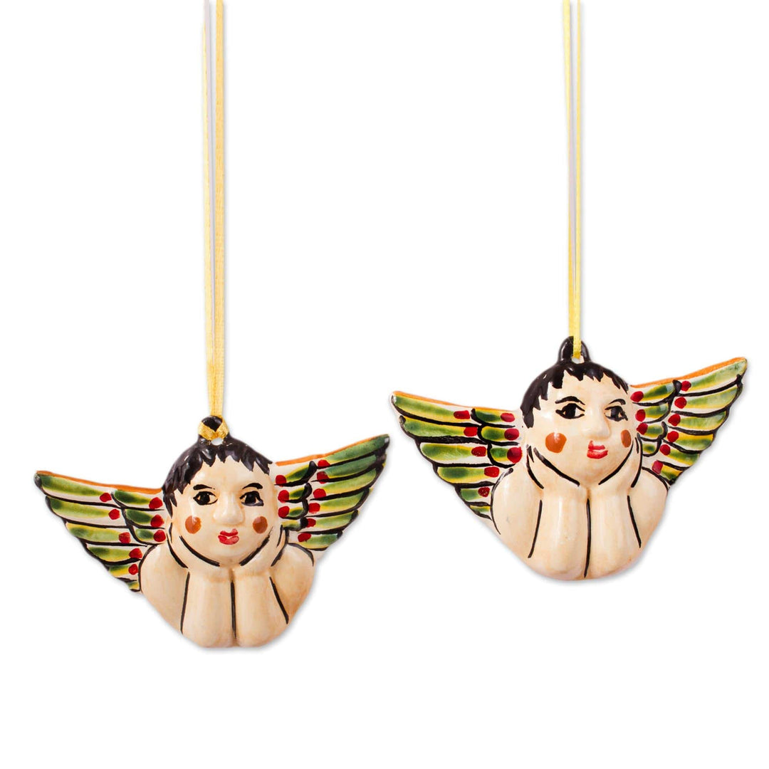 Ceramic Angel Ornaments Crafted in Mexico (Pair) - Rosy-Cheeked Angels