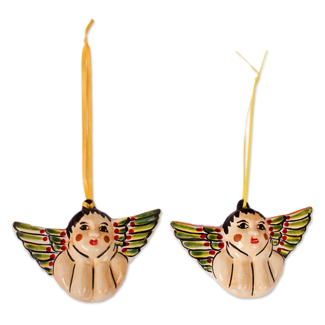 Ceramic Angel Ornaments Crafted in Mexico (Pair) - Rosy-Cheeked Angels