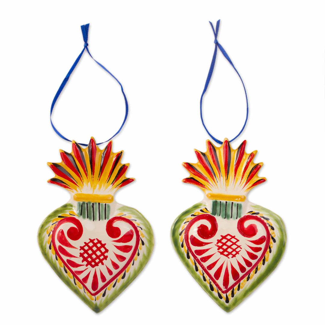 Flaming Heart Ceramic Ornaments from Mexico (Pair) - Flaming Hearts