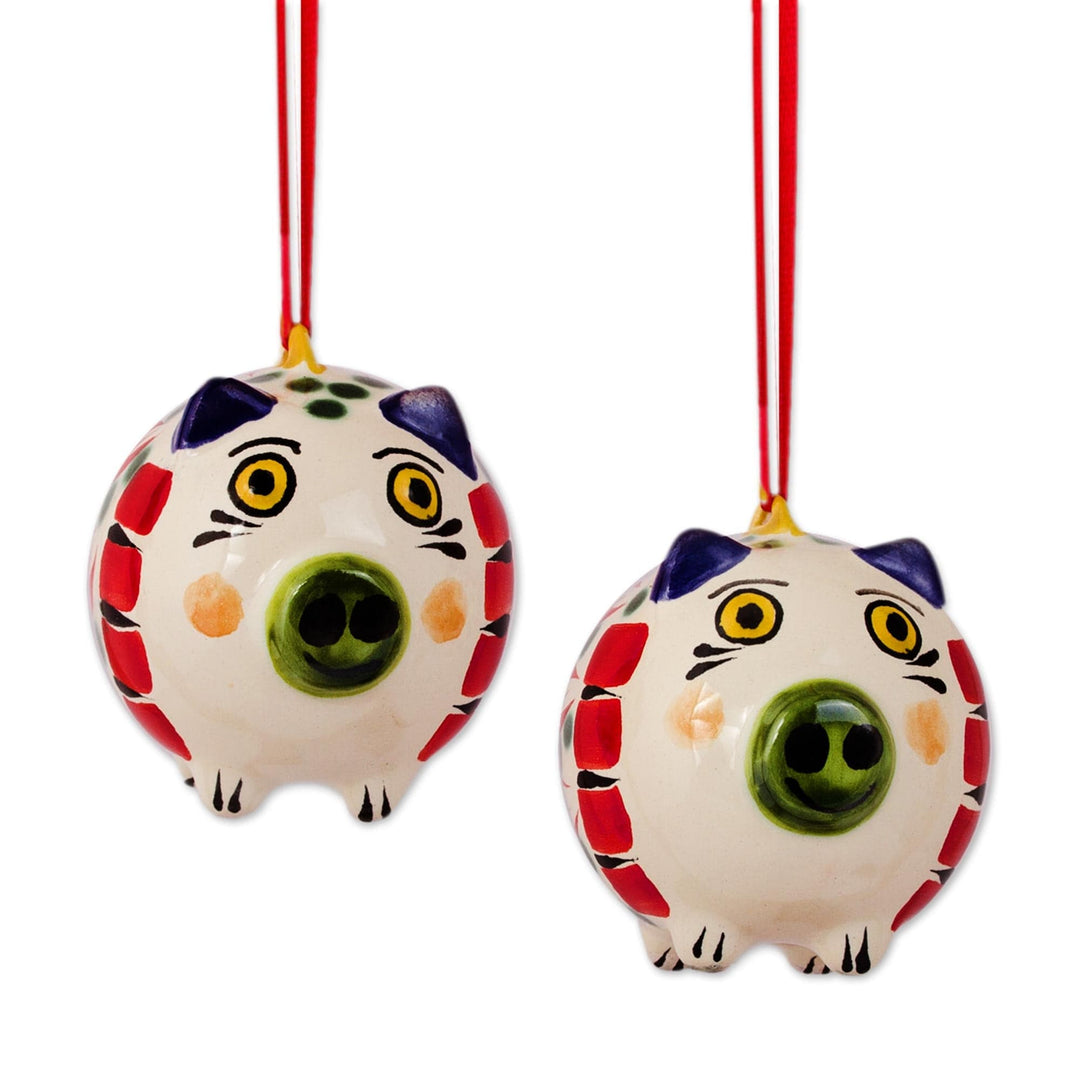 Hand-Painted Ceramic Pig Ornaments from Mexico (Pair) - Holiday Pigs