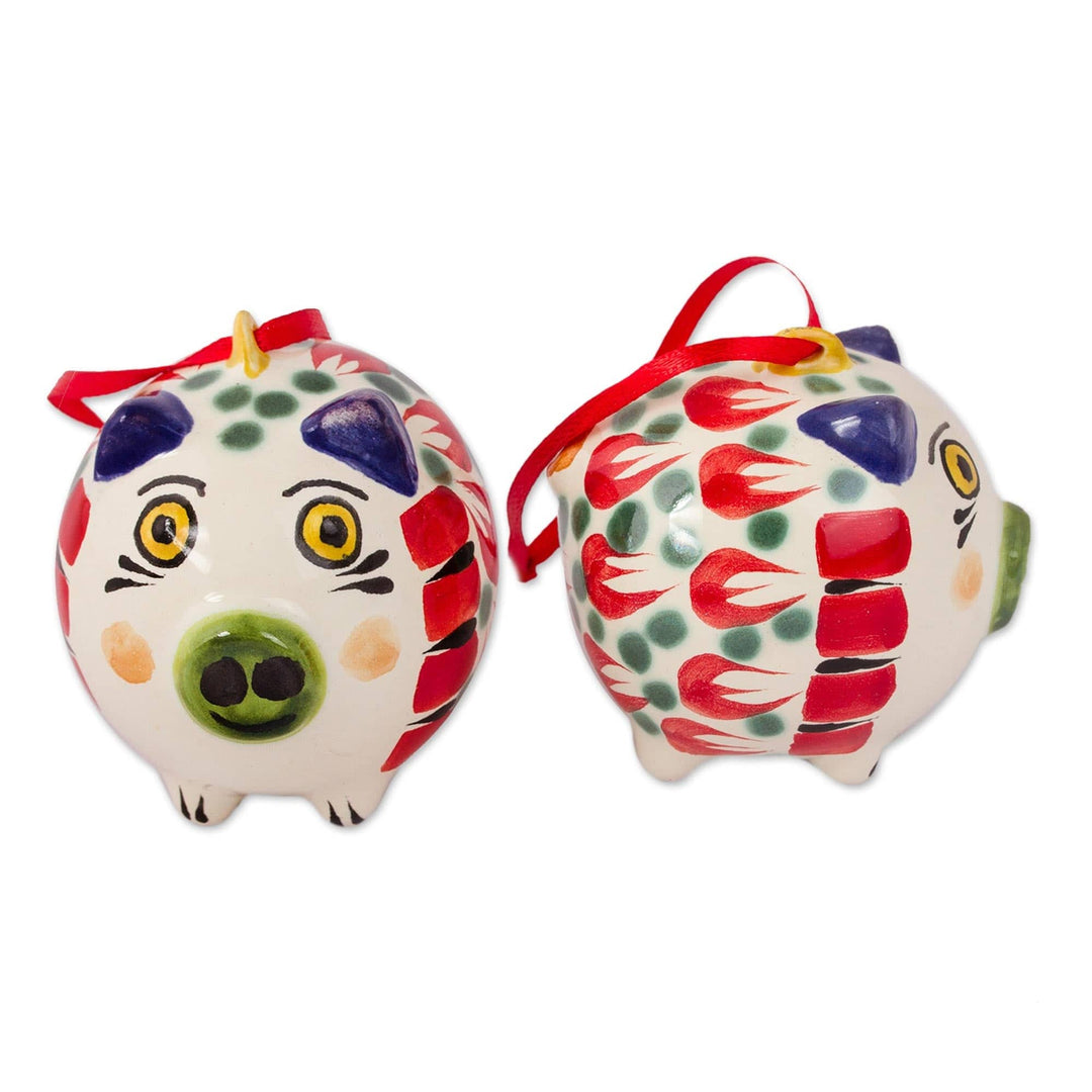 Hand-Painted Ceramic Pig Ornaments from Mexico (Pair) - Holiday Pigs