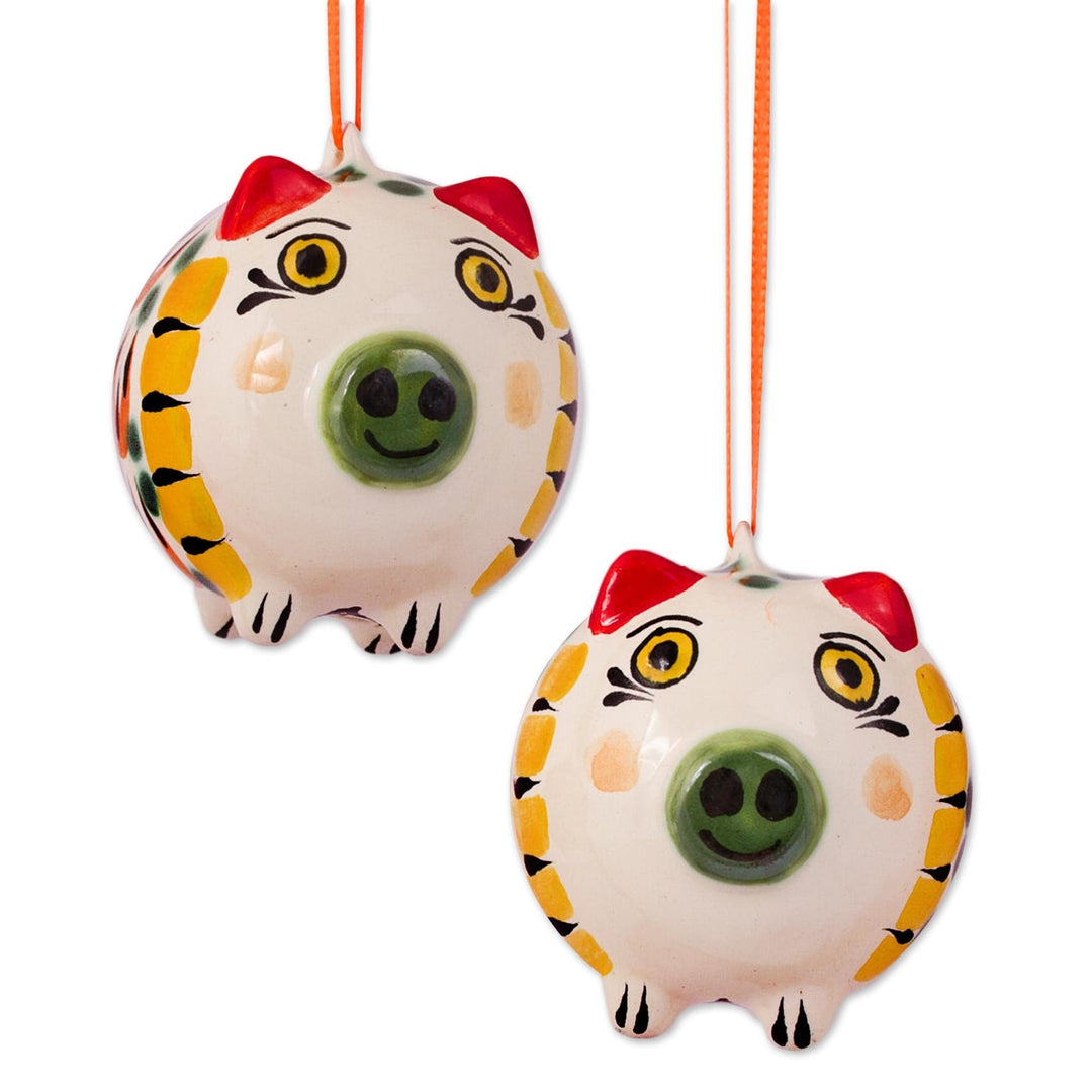 Orange and Green Ceramic Pig Ornaments from Mexico (Pair) - Jolly Pigs