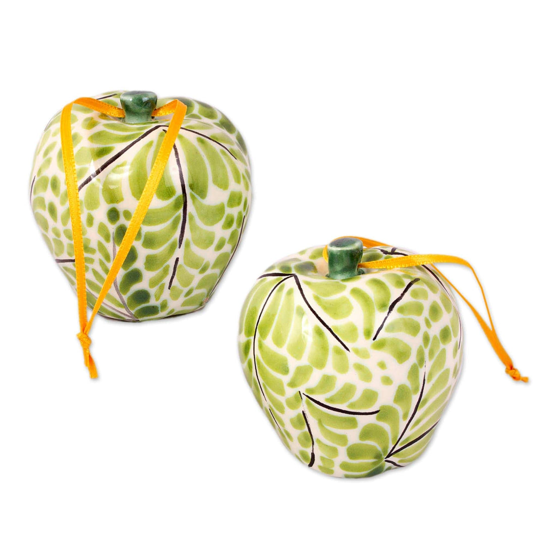 Hand-Painted Ceramic Apple Ornaments in Green (Pair) - Green Apples