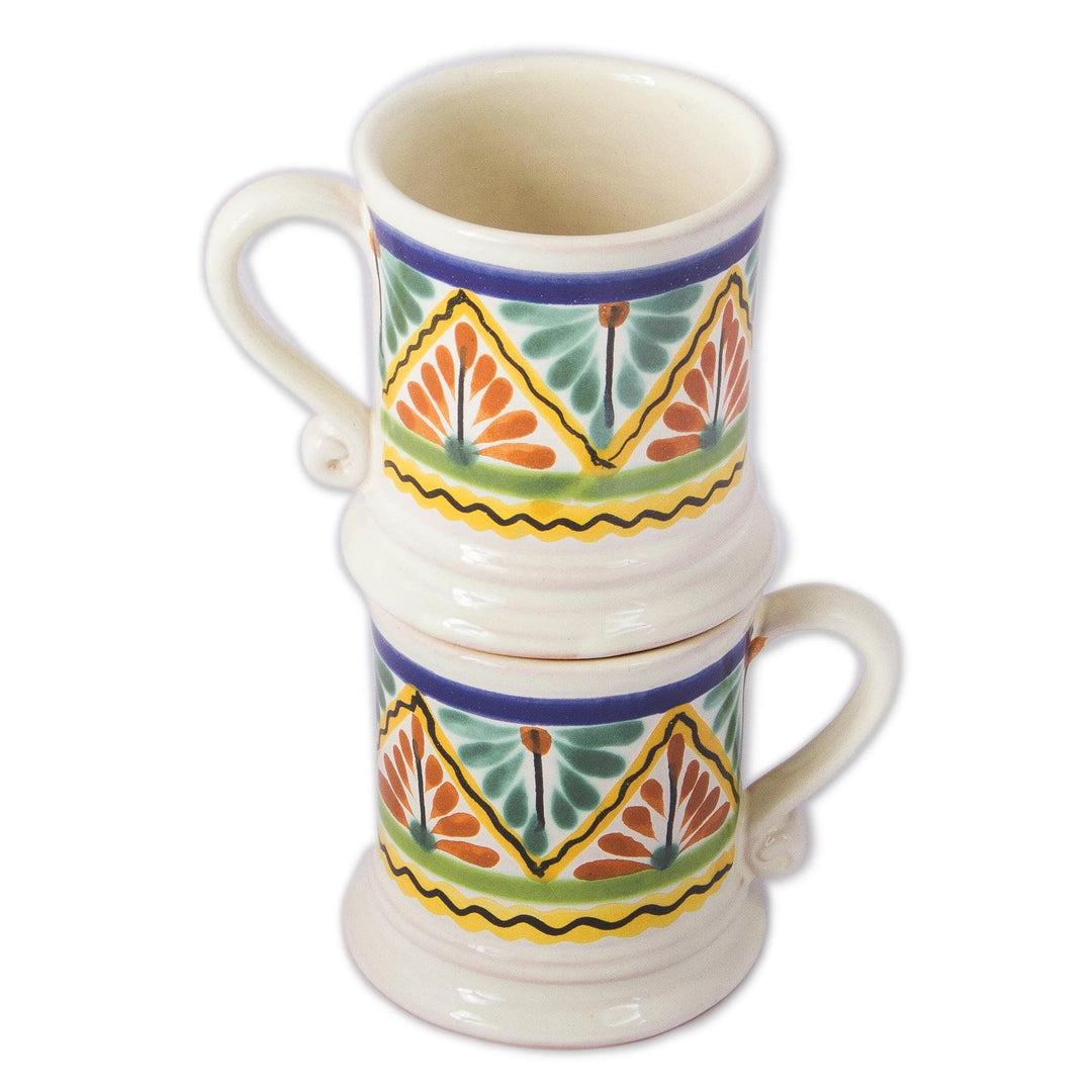 Zigzag Motif Ceramic Mugs from Mexico (Pair) - Majolica Zigzag