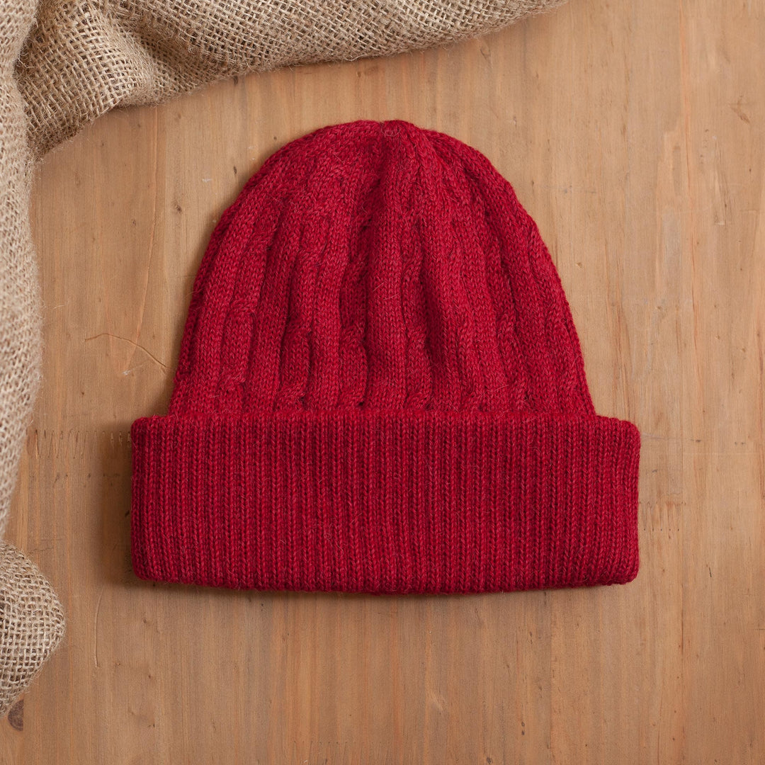 Crimson Red 100% Alpaca Soft Cable Knit Hat from Peru - Comfy in Red