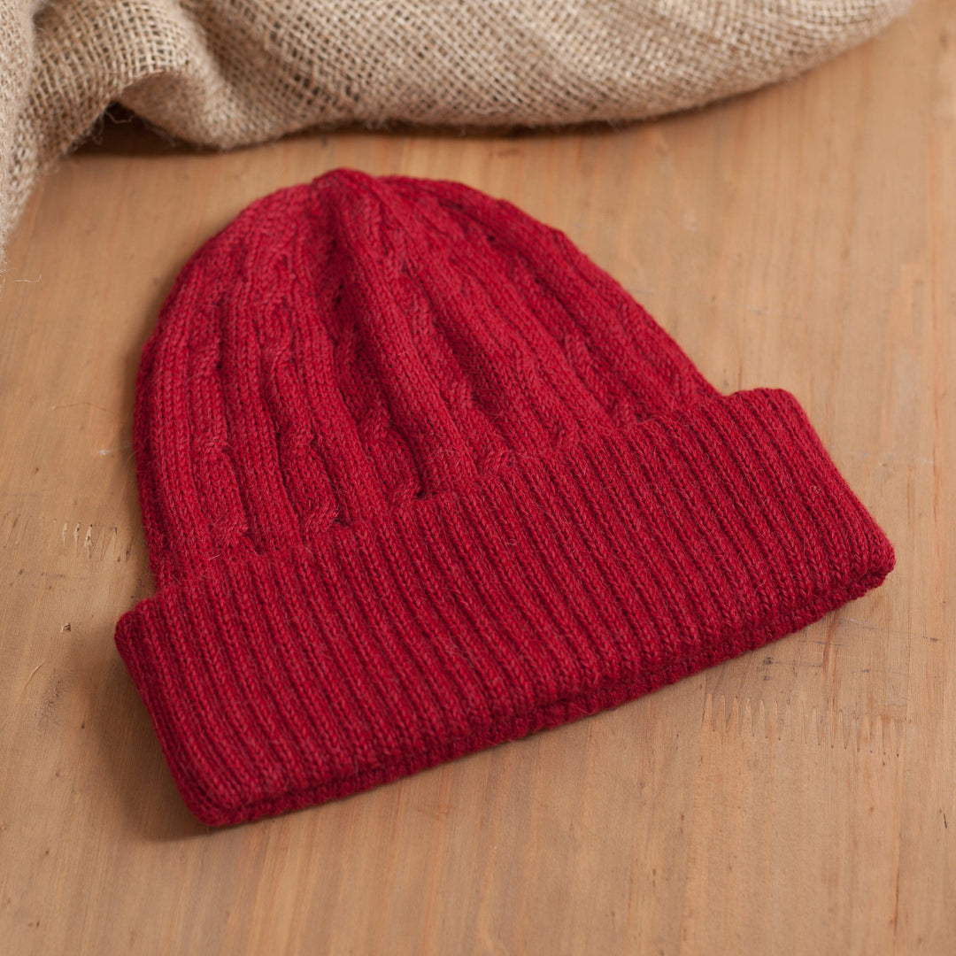 Crimson Red 100% Alpaca Soft Cable Knit Hat from Peru - Comfy in Red