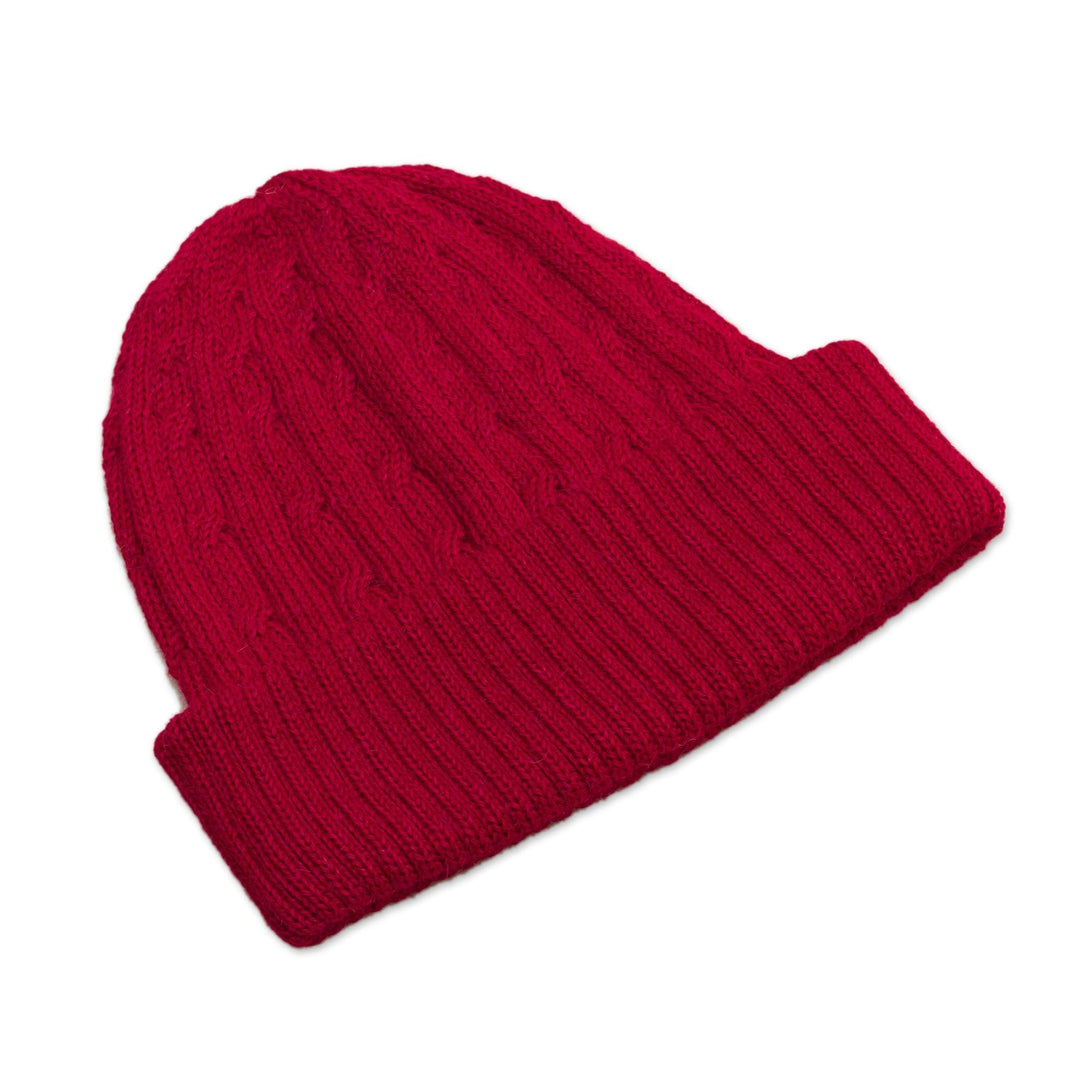 Crimson Red 100% Alpaca Soft Cable Knit Hat from Peru - Comfy in Red