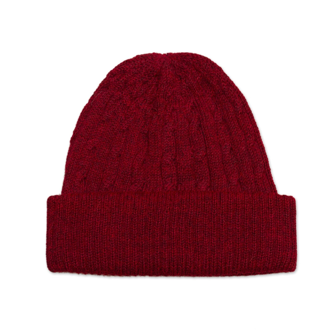 Cranberry Red 100% Alpaca Soft Cable Knit Hat from Peru - Comfy in Burgundy