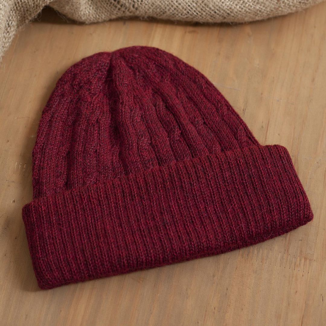 Cranberry Red 100% Alpaca Soft Cable Knit Hat from Peru - Comfy in Burgundy