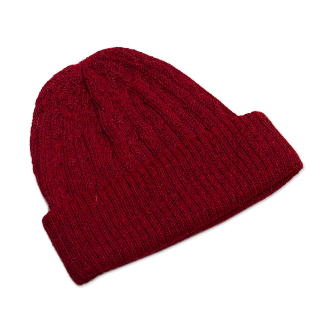 Cranberry Red 100% Alpaca Soft Cable Knit Hat from Peru - Comfy in Burgundy