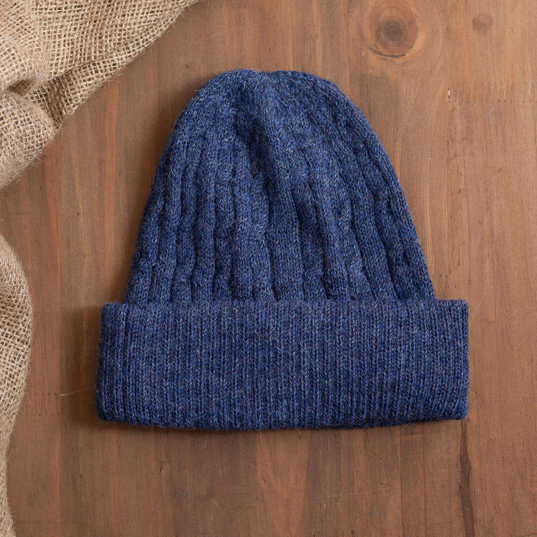 Indigo Blue 100% Alpaca Soft Cable Knit Hat from Peru - Comfy in Dark Blue