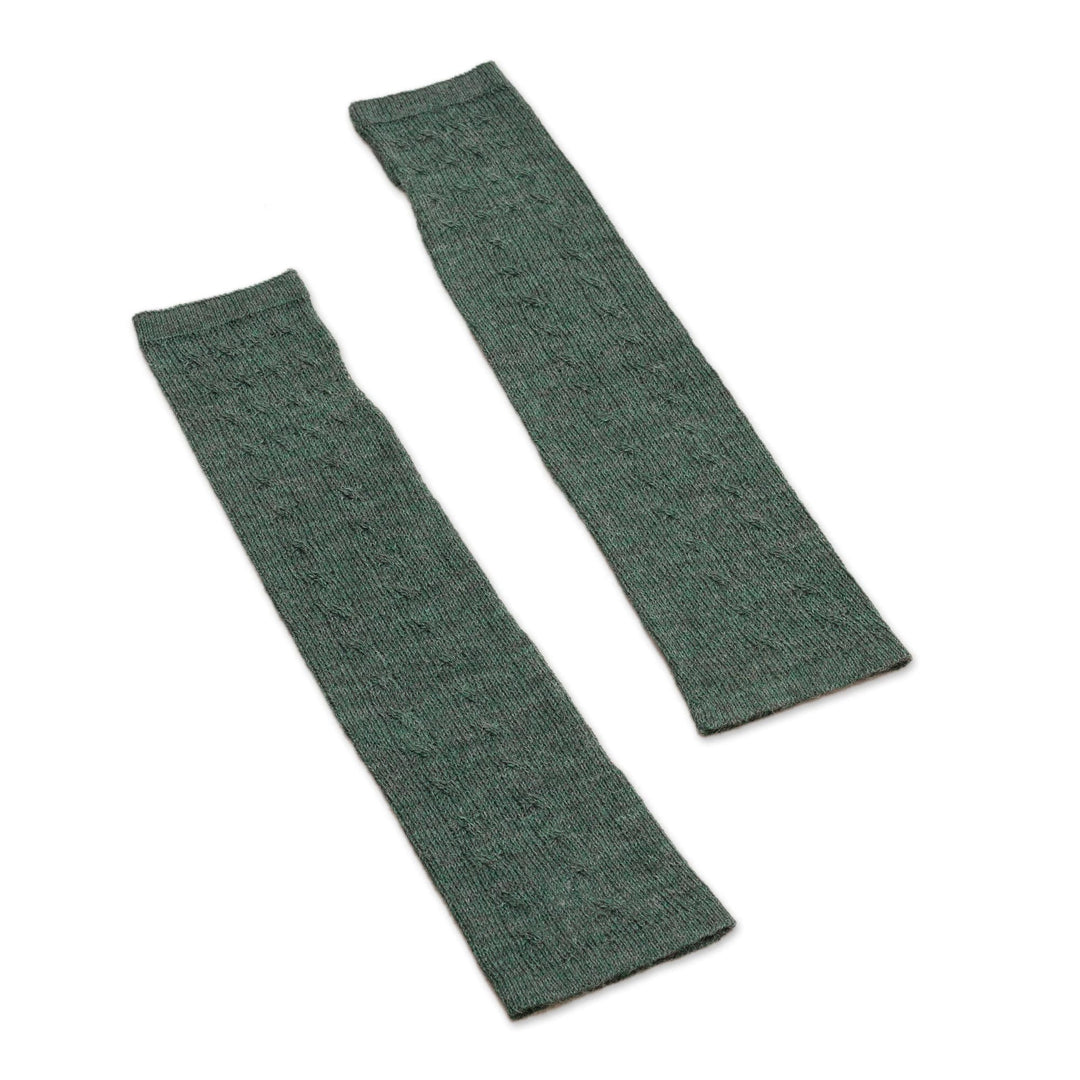 100% Baby Alpaca Loden Green Knit Fingerless Mitts From Peru - Luscious Twist in Green