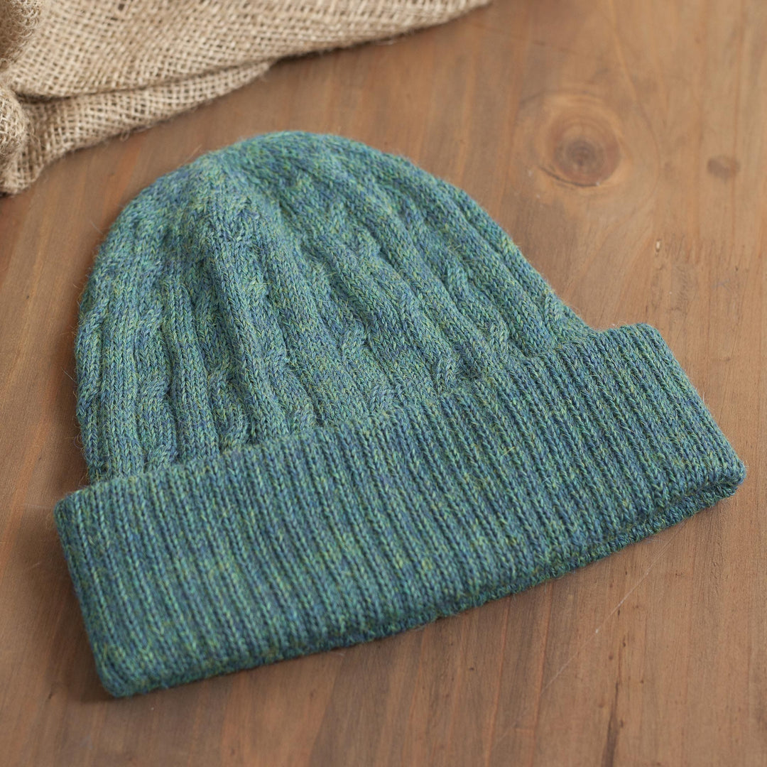 Teal 100% Alpaca Cable Pattern Soft Knit Hat From Peru - Comfy in Teal