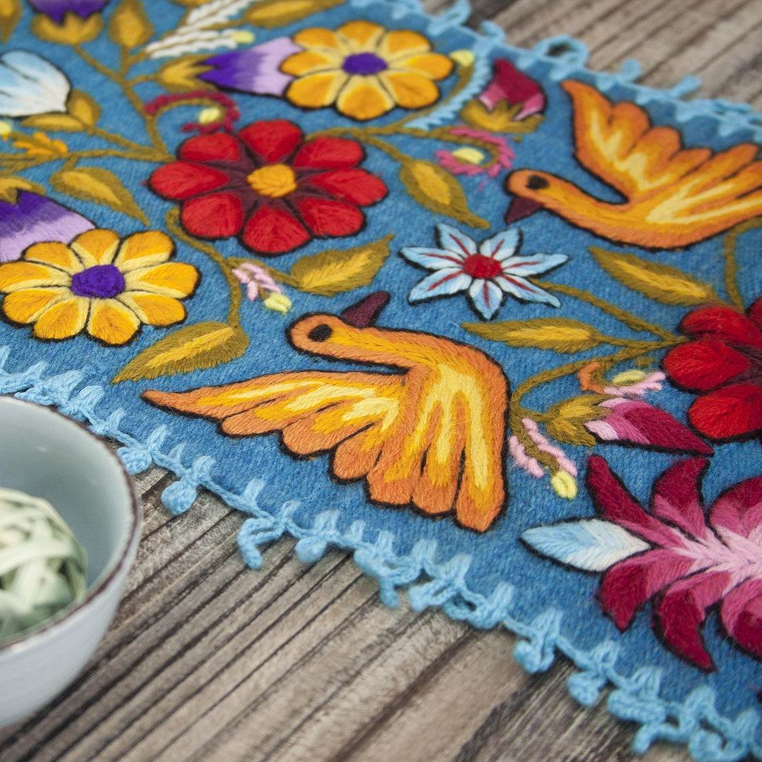 Floral and Bird Motif Alpaca Blend Table Runner - Floral Fest