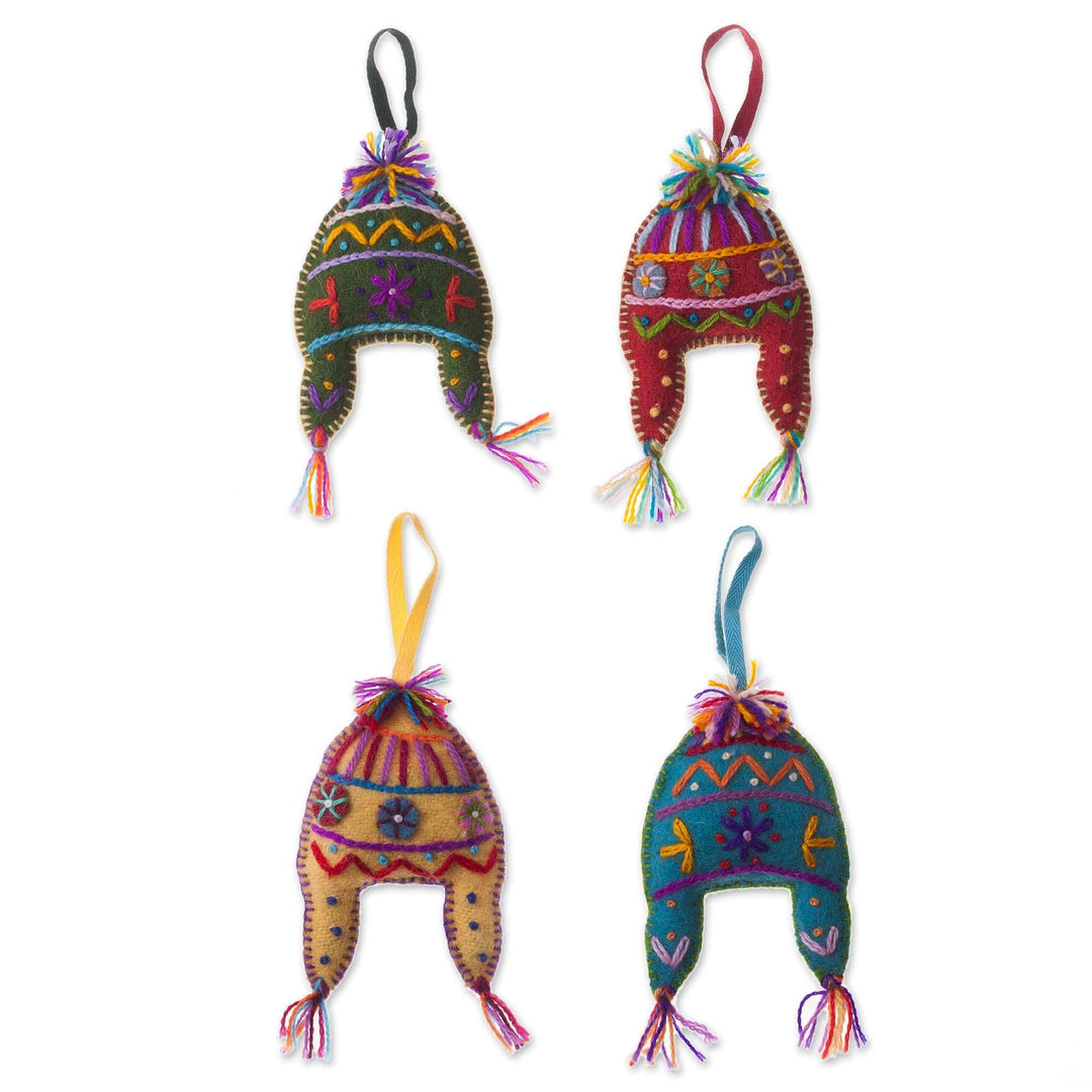 Wool Chullo Hat Ornaments from Peru (Set of 4) - Colorful Chullos