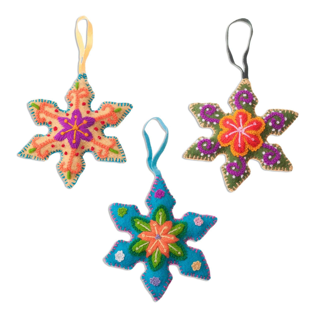 Embroidered Wool Snowflake Ornaments from Peru (Set of 3) - Vibrant Snowflakes