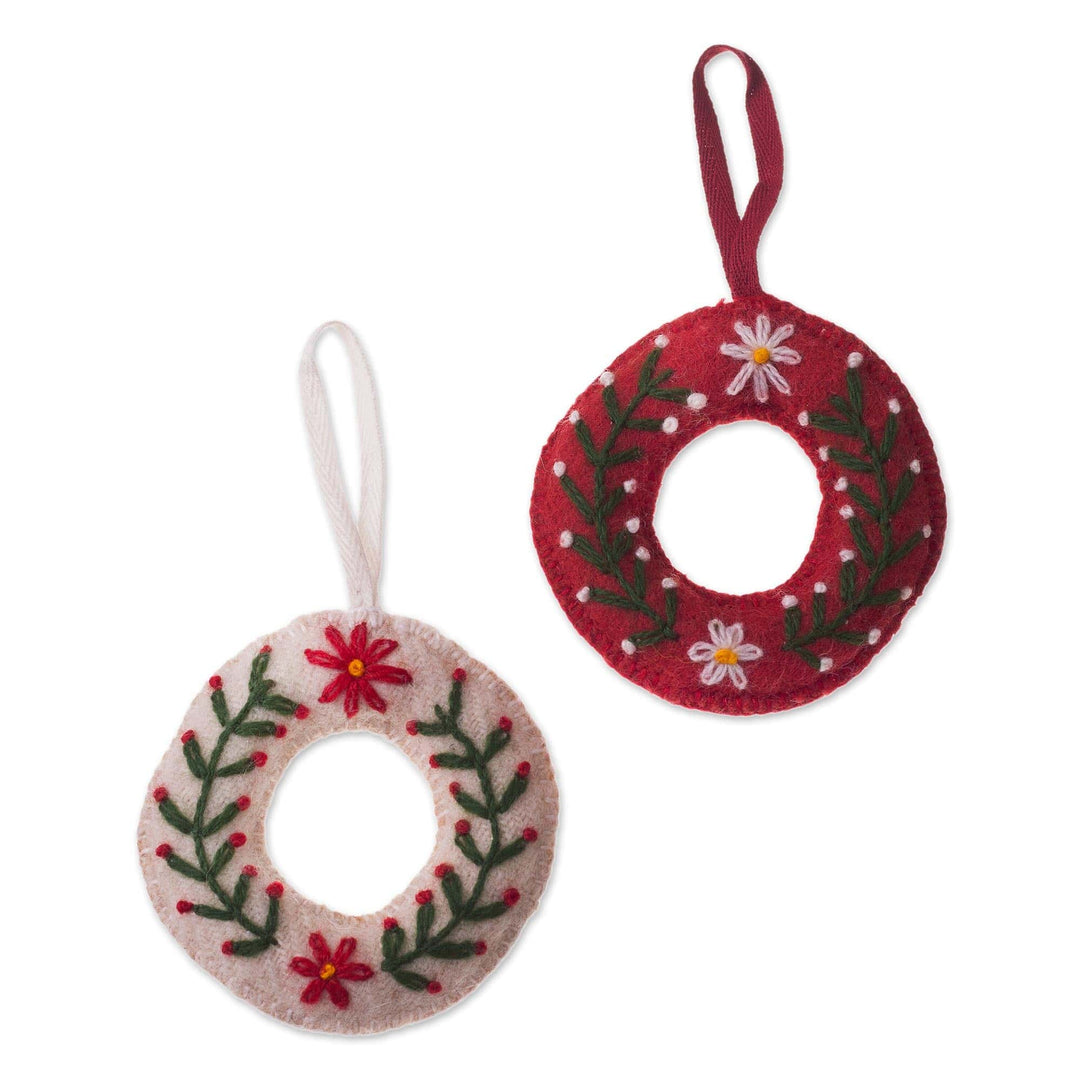 Circular Floral Wool Ornaments from Peru (Pair) - Holiday Wreaths