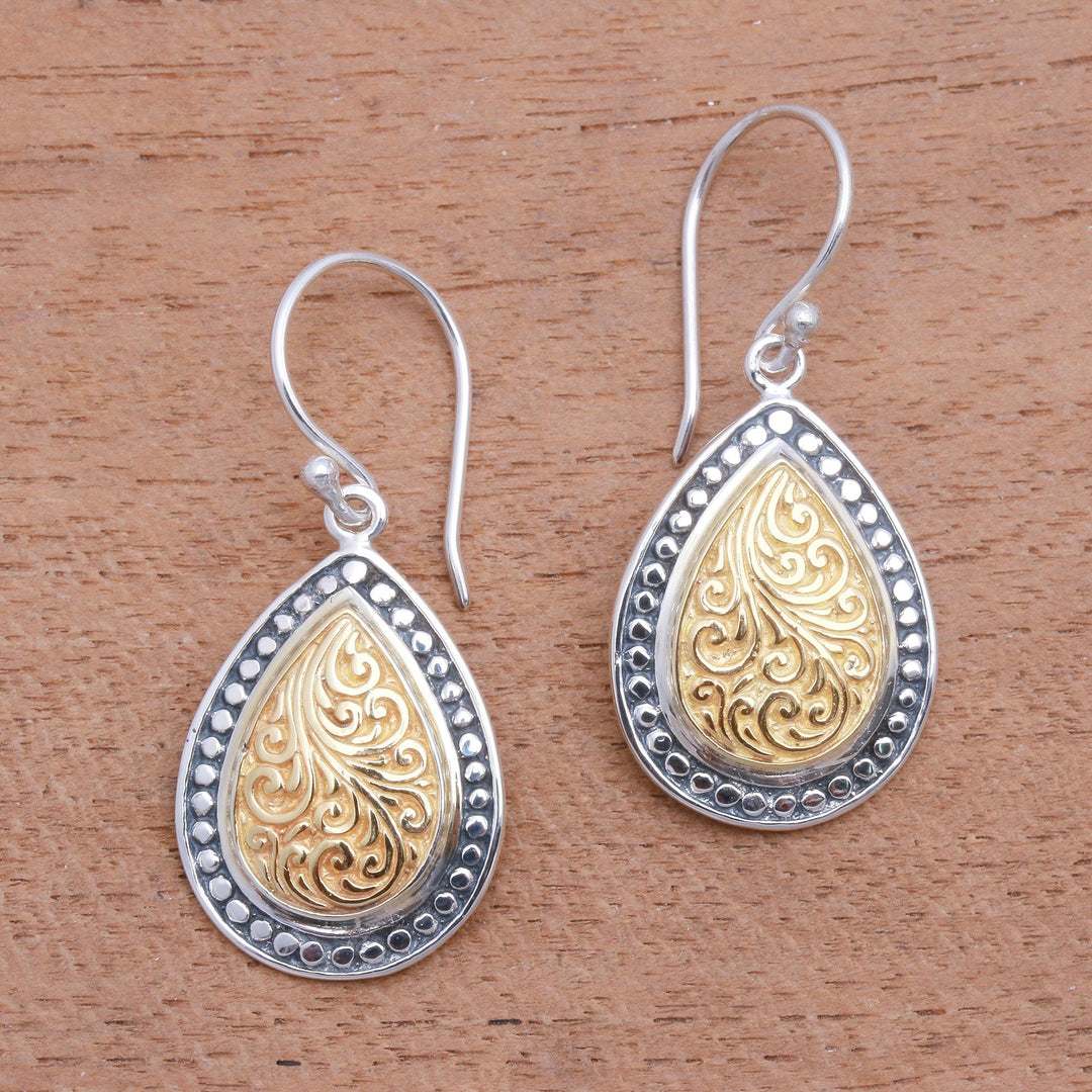 Swirl Pattern Gold Accented Sterling Silver Dangle Earrings - Droplet Frames