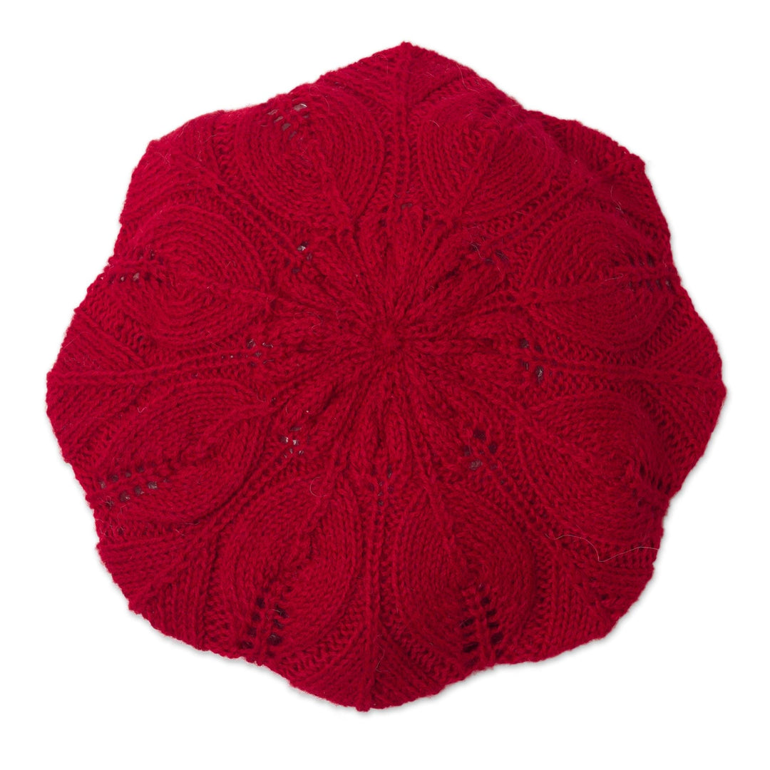 Leaf-Pattern 100% Alpaca Knit Beret in Claret from Peru - Claret Leaves