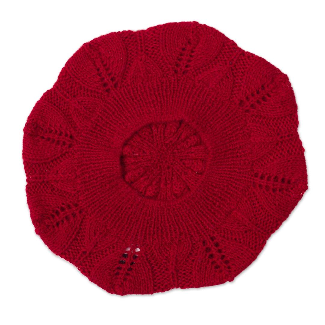 Leaf-Pattern 100% Alpaca Knit Beret in Claret from Peru - Claret Leaves