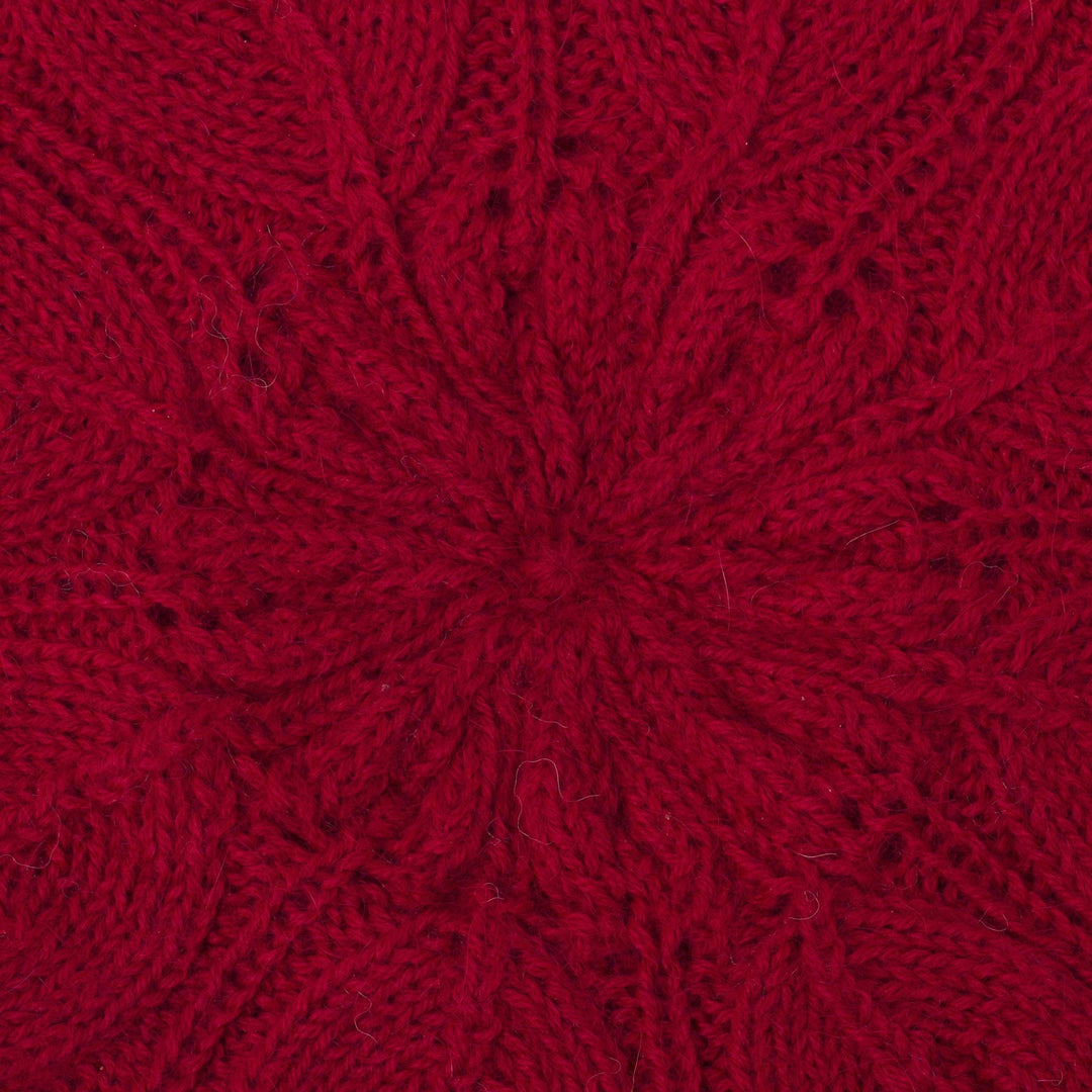 Leaf-Pattern 100% Alpaca Knit Beret in Claret from Peru - Claret Leaves