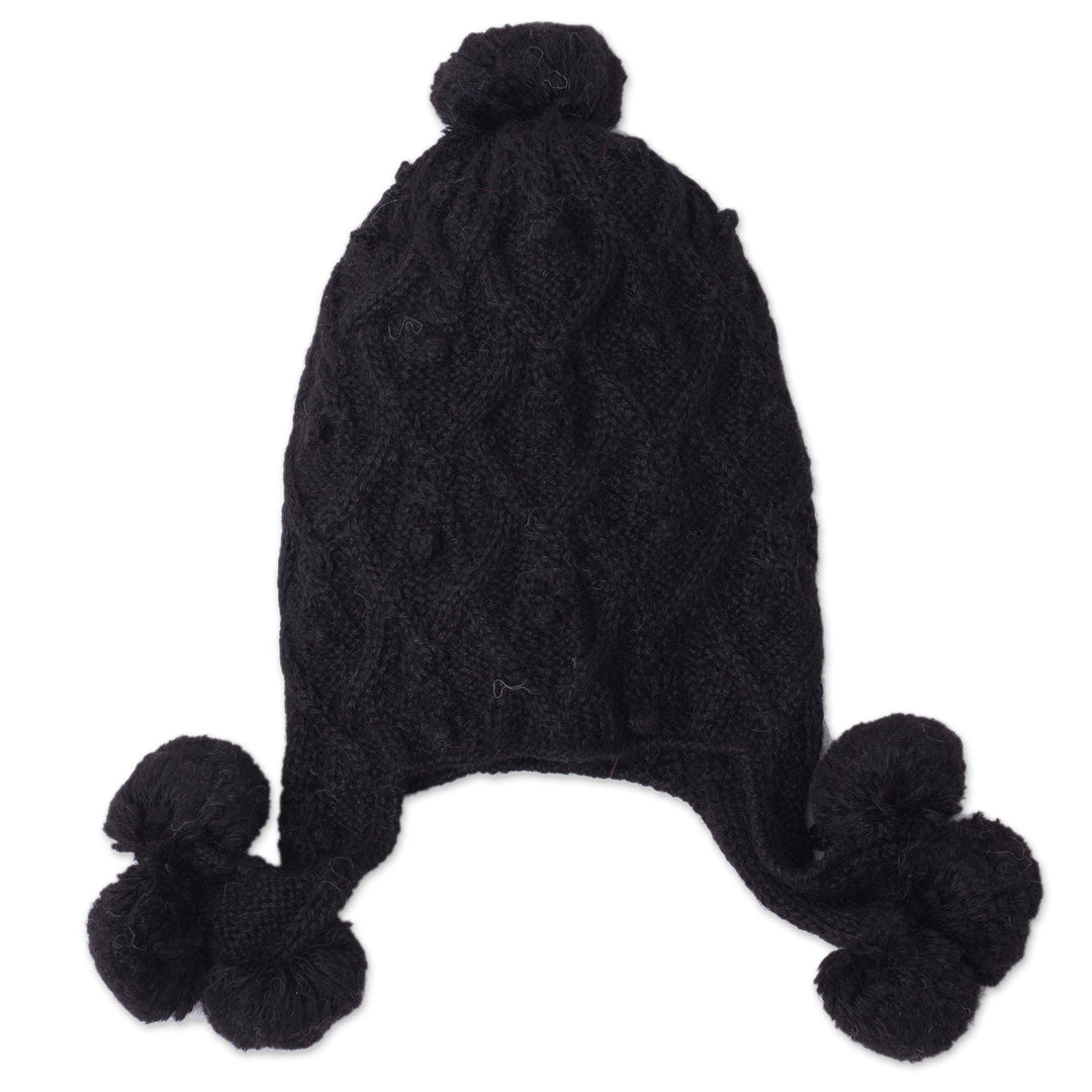 Diamond Pattern 100% Alpaca Knit Hat in Black from Peru - Diamond Elegance in Black