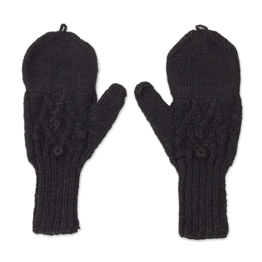 Diamond Pattern 100% Alpaca Mittens in Black from Peru - Diamond Elegance in Black