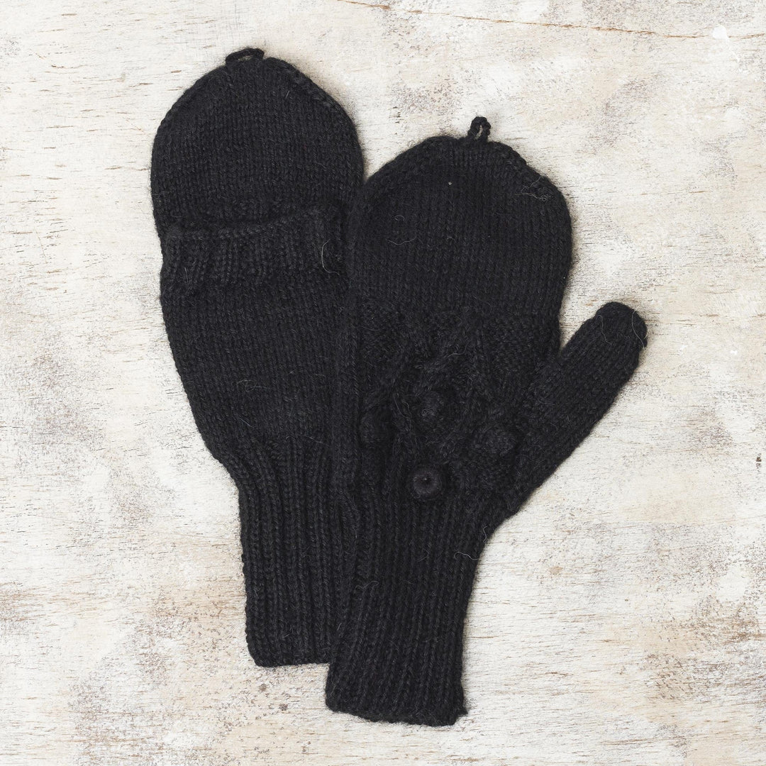 Diamond Pattern 100% Alpaca Mittens in Black from Peru - Diamond Elegance in Black