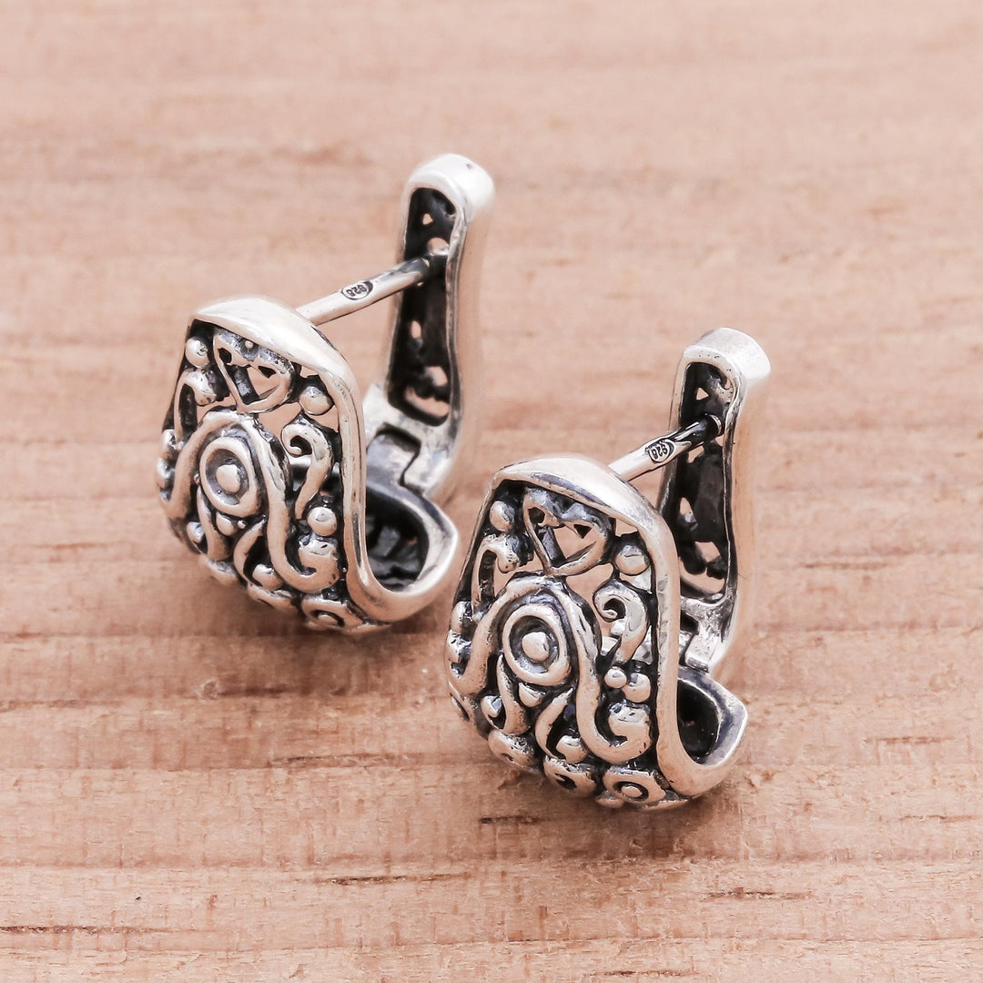 Floral Sterling Silver Hoop Earrings from Thailand - Vintage Garden