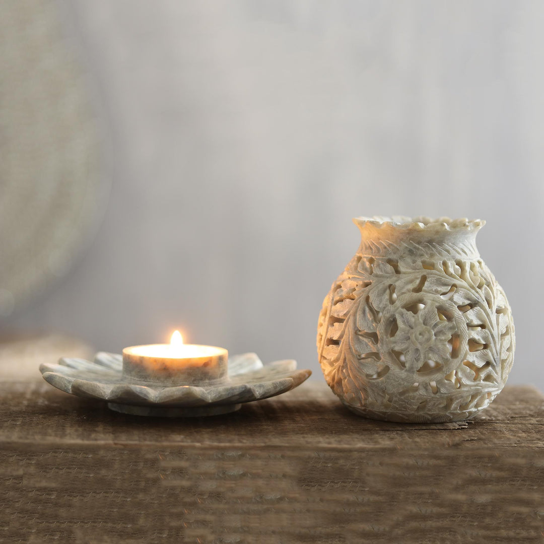 Floral Soapstone Tealight Holder - Light Bouquet