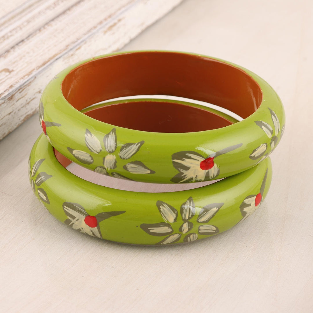Floral Haldu Wood Bangle Bracelets in Lime (Pair) - Lime Bloom
