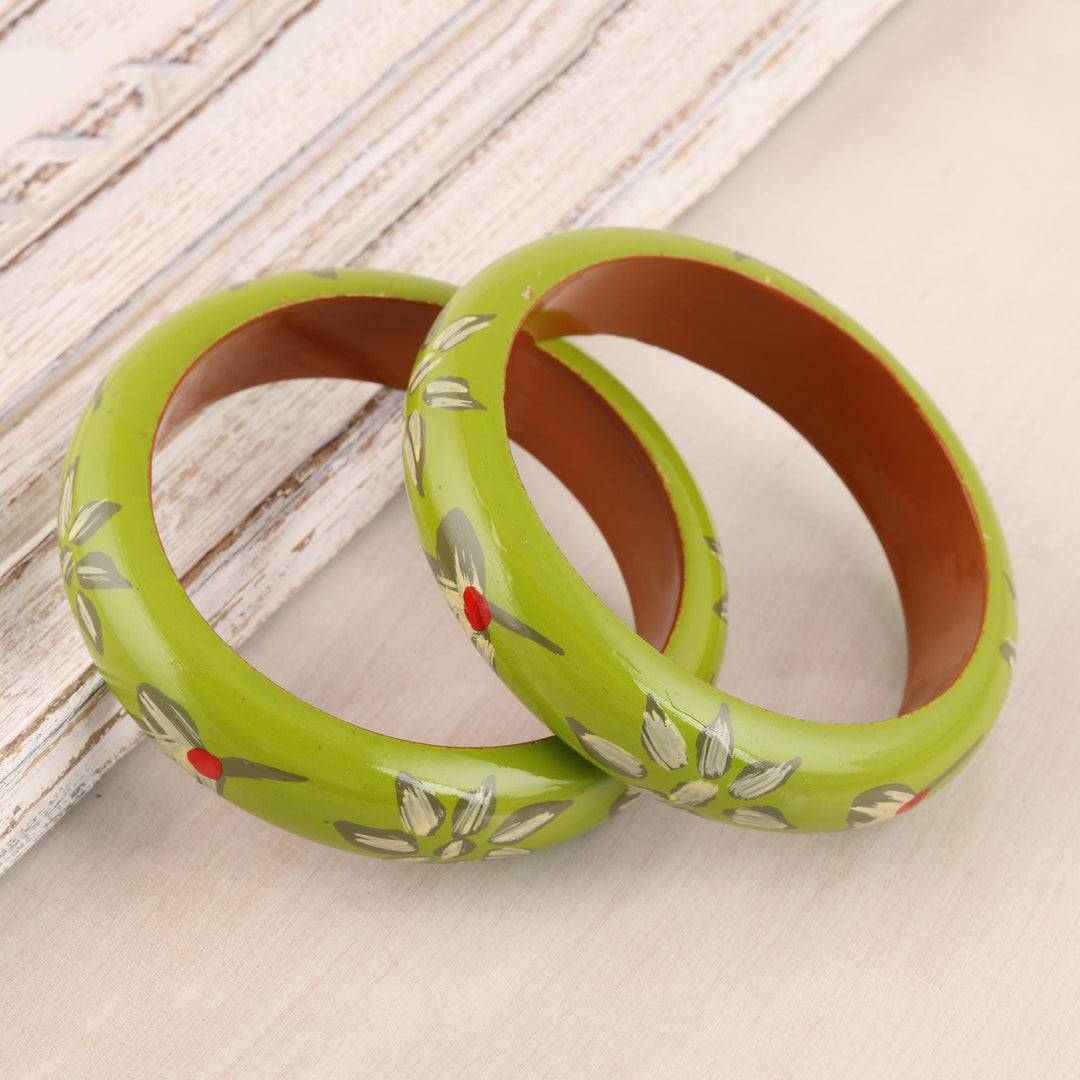 Floral Haldu Wood Bangle Bracelets in Lime (Pair) - Lime Bloom