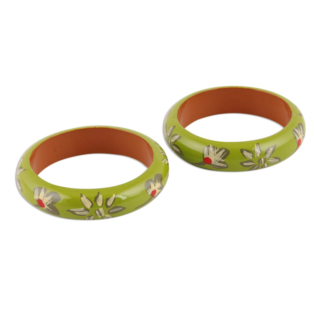 Floral Haldu Wood Bangle Bracelets in Lime (Pair) - Lime Bloom