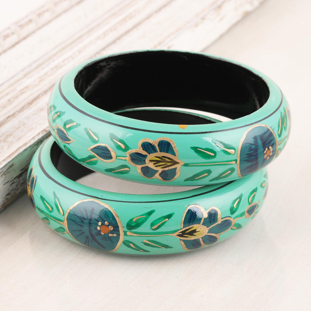 Floral Wood Bangle Bracelets in Viridian (Pair) - Floral Viridian