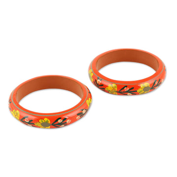 Floral Haldu Wood Bangle Bracelets in Vermilion (Pair) - Vermilion Garden