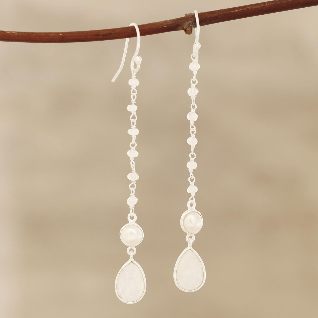 Rainbow Moonstone and Cultured Pearl Dangle Earrings - Purest Harmony