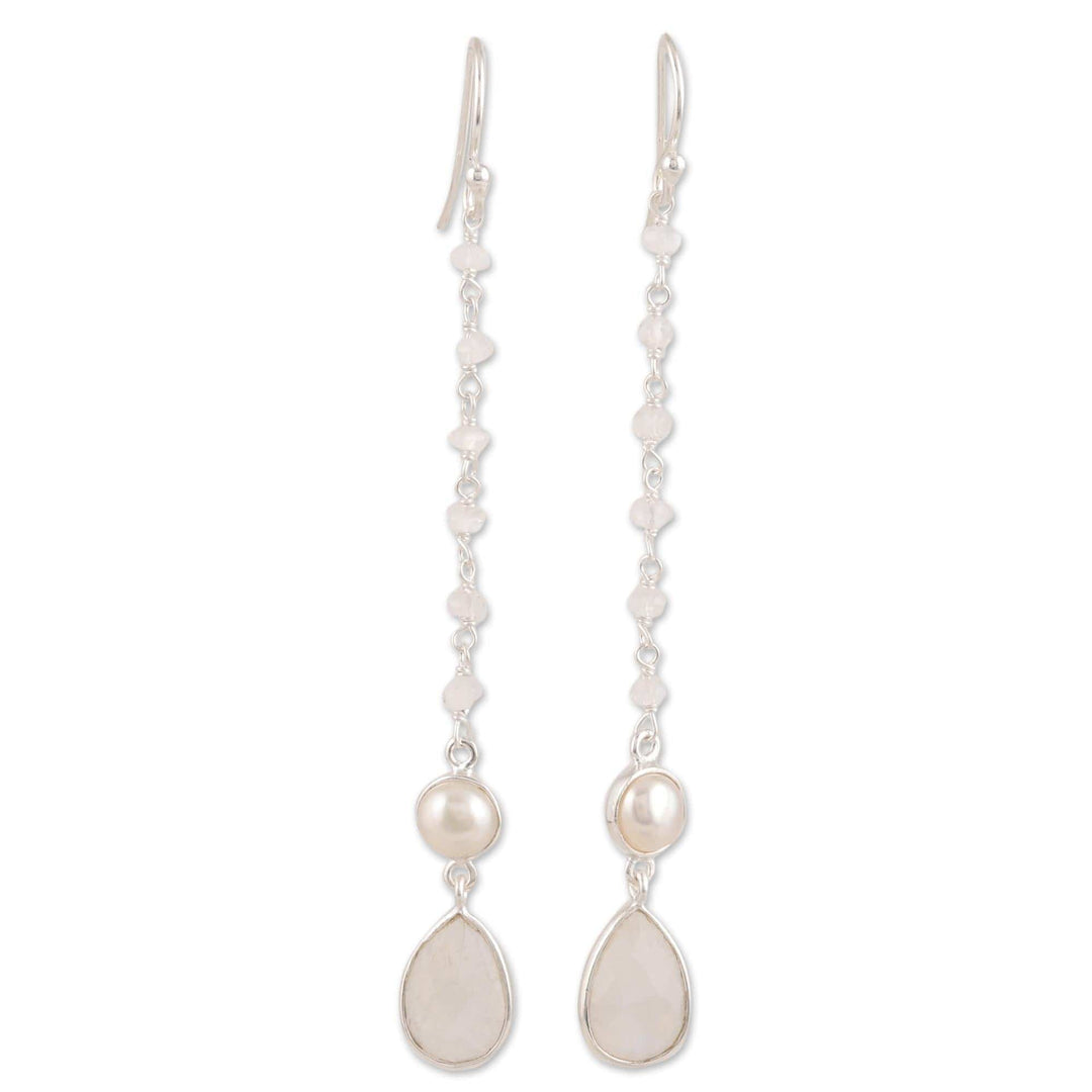 Rainbow Moonstone and Cultured Pearl Dangle Earrings - Purest Harmony