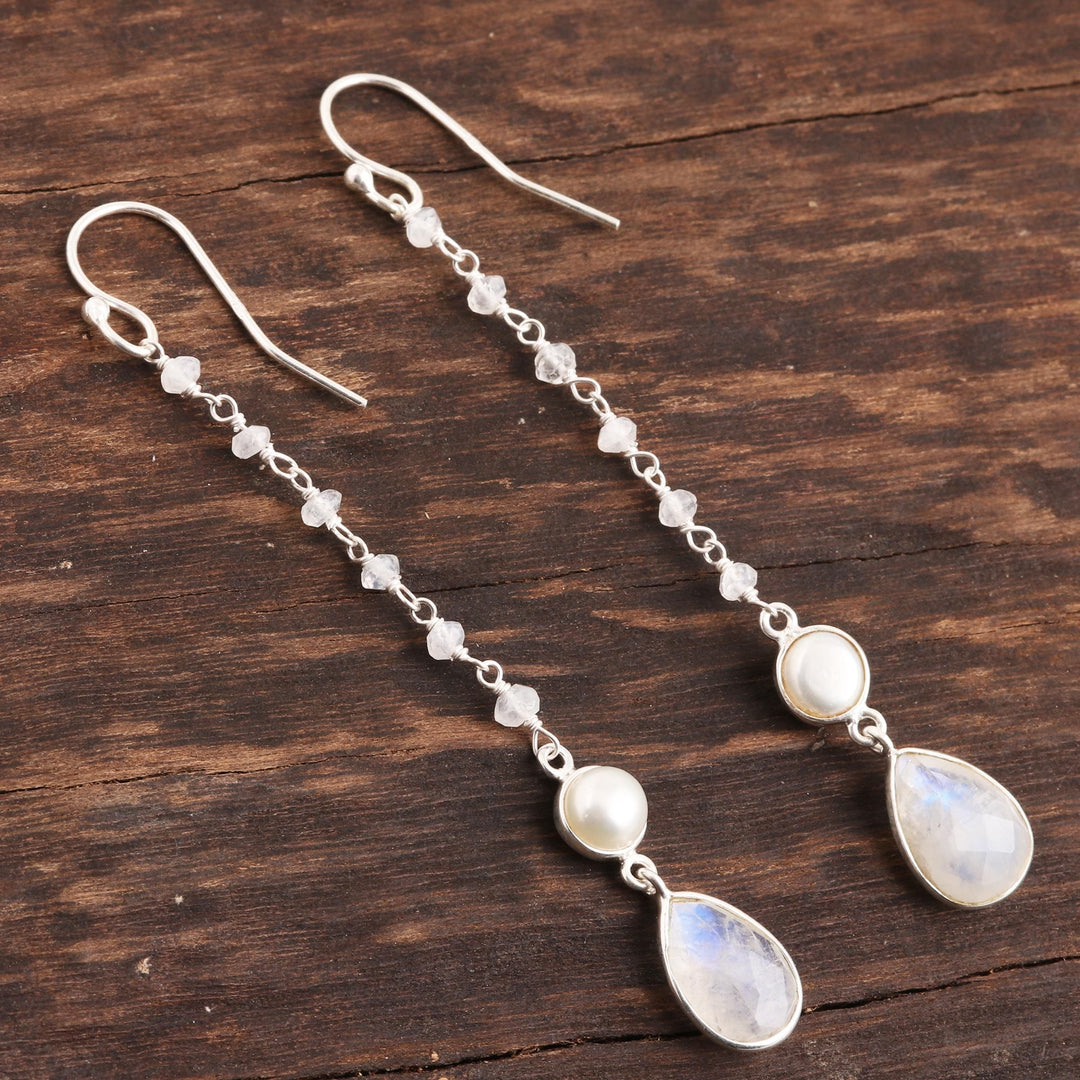 Rainbow Moonstone and Cultured Pearl Dangle Earrings - Purest Harmony