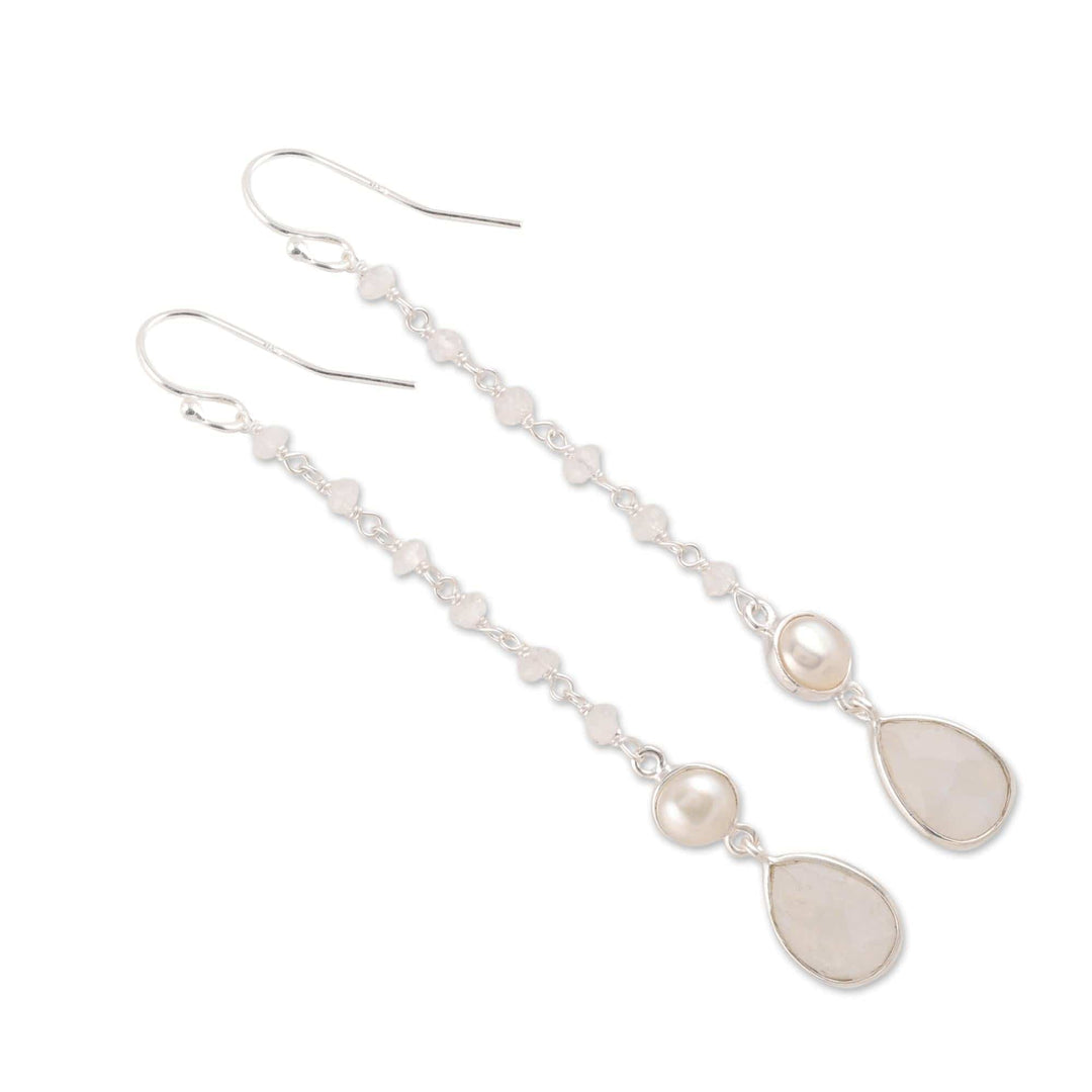 Rainbow Moonstone and Cultured Pearl Dangle Earrings - Purest Harmony