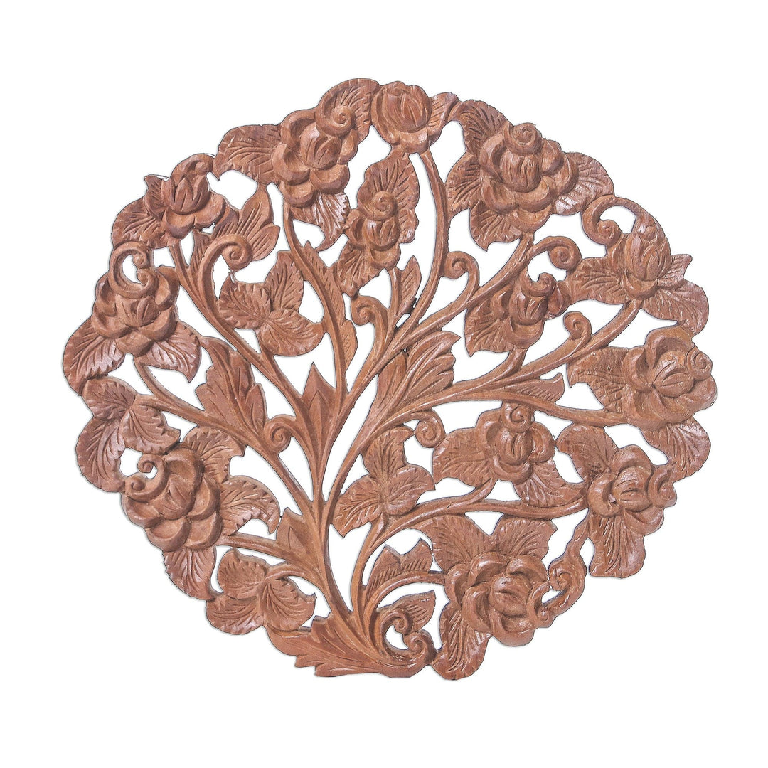 Rose Flower Teak Wood Relief Panel from Thailand - Rose Bouquet