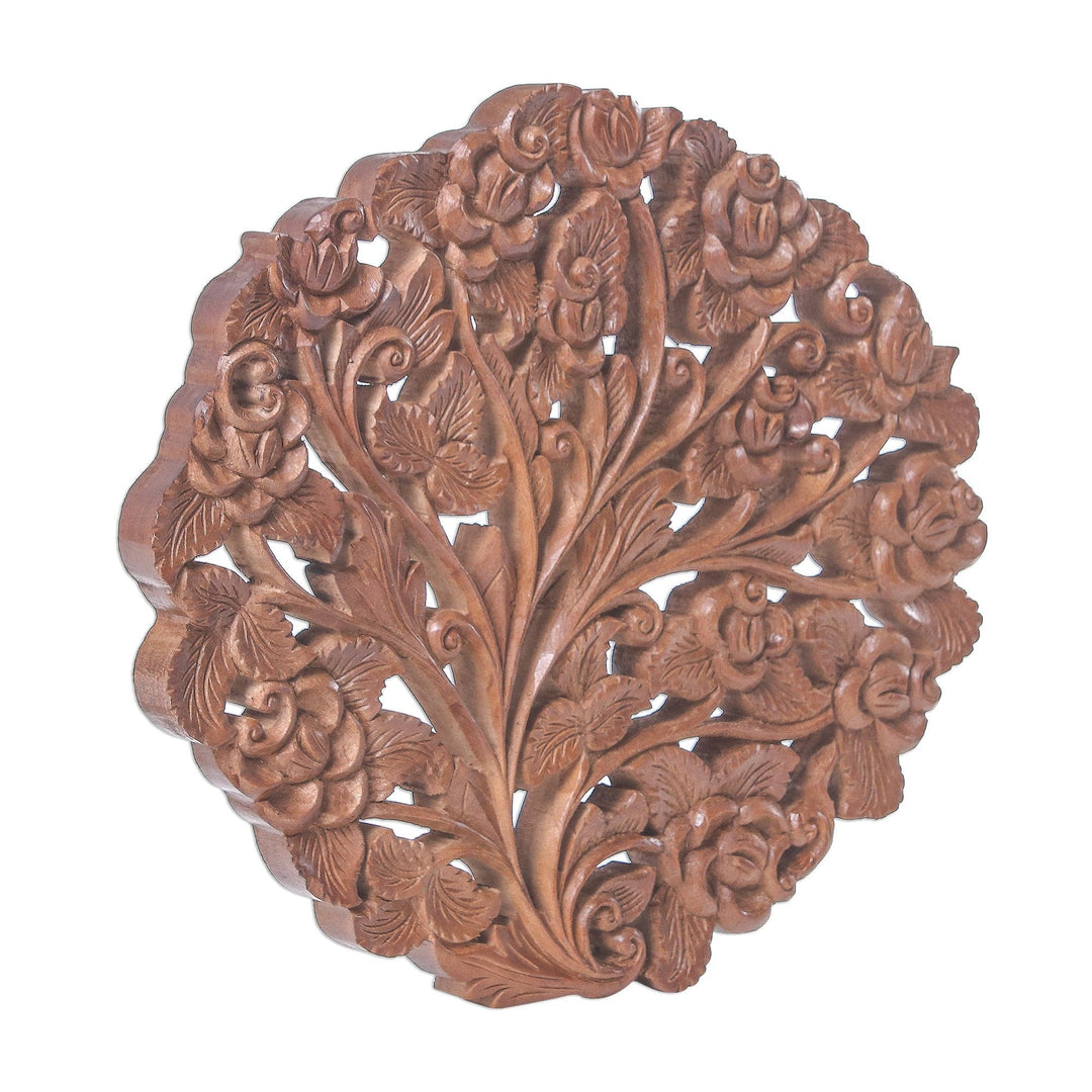 Rose Flower Teak Wood Relief Panel from Thailand - Rose Bouquet