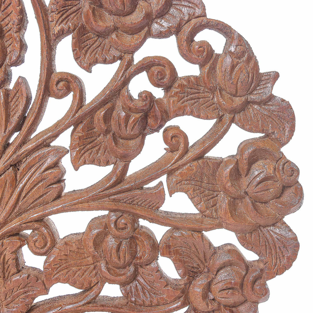 Rose Flower Teak Wood Relief Panel from Thailand - Rose Bouquet