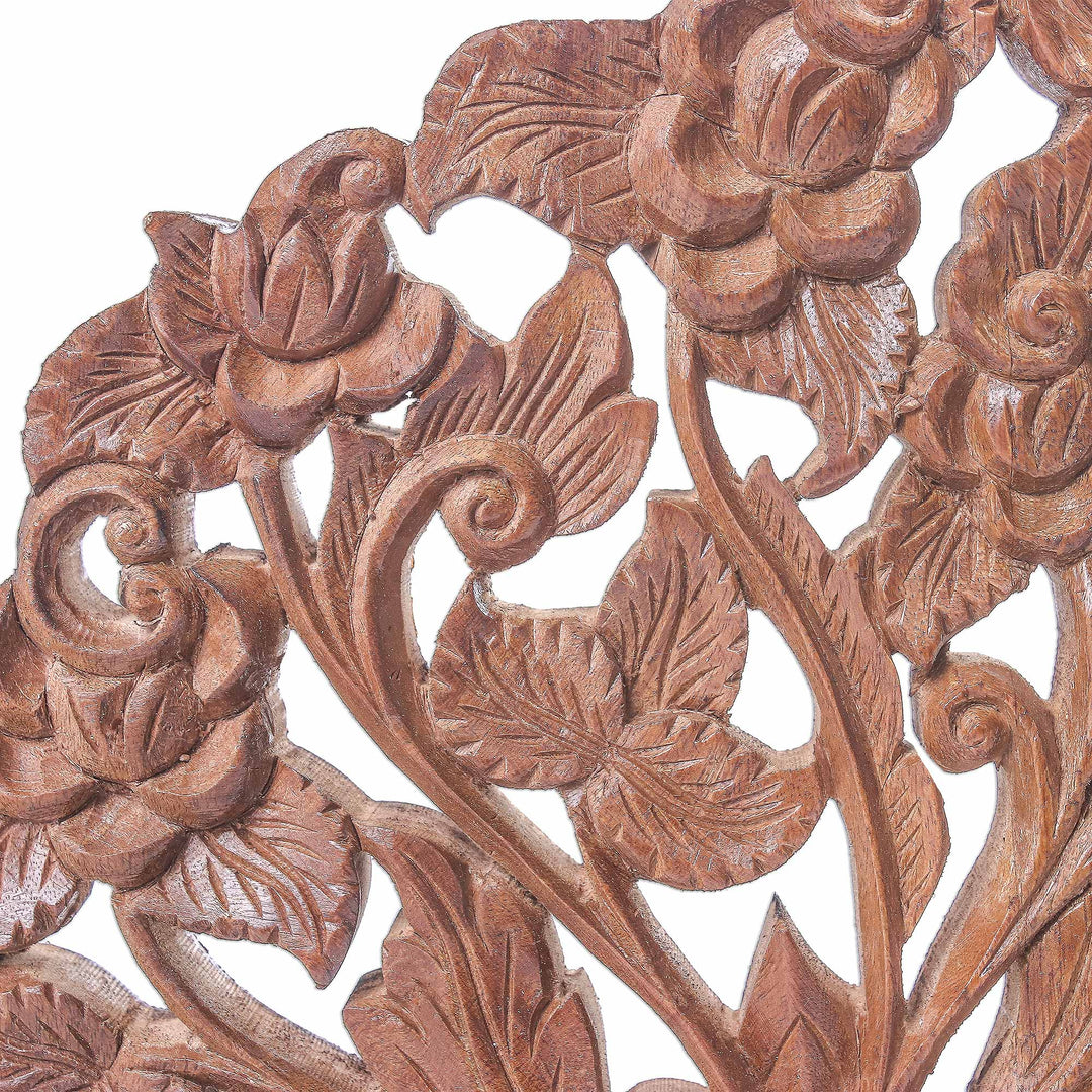 Rose Flower Teak Wood Relief Panel from Thailand - Rose Bouquet