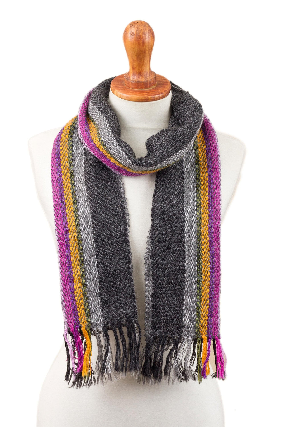 Grey and Multicolored 100% Alpaca Wrap Scarf from Peru - Elegant Contrast