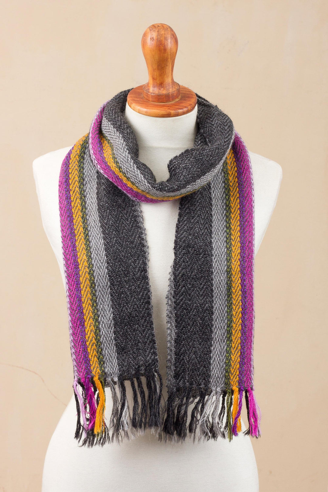 Grey and Multicolored 100% Alpaca Wrap Scarf from Peru - Elegant Contrast