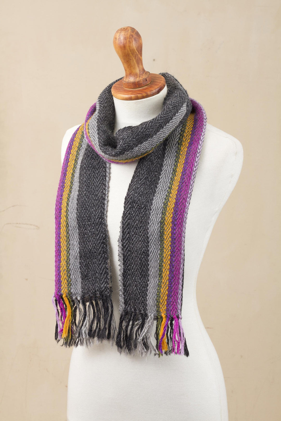 Grey and Multicolored 100% Alpaca Wrap Scarf from Peru - Elegant Contrast