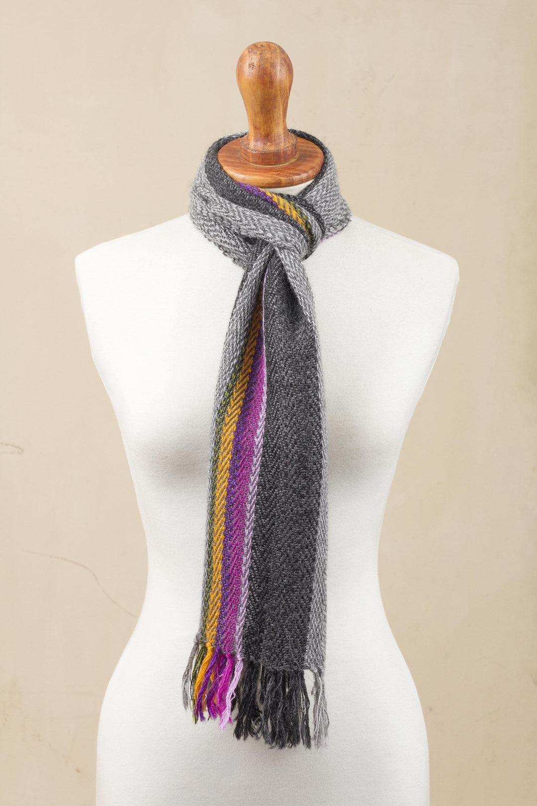 Grey and Multicolored 100% Alpaca Wrap Scarf from Peru - Elegant Contrast